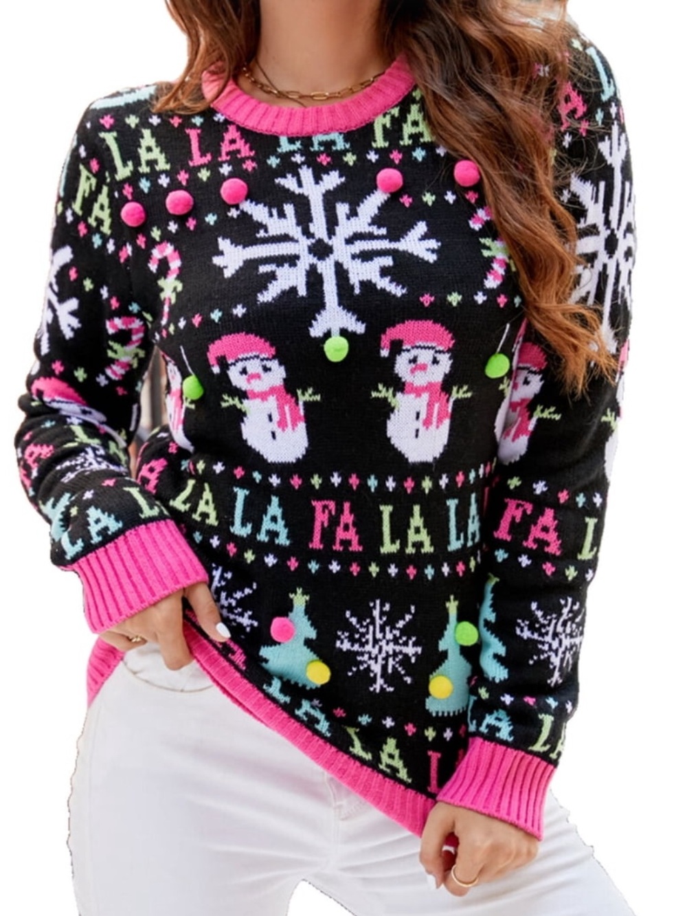 Black Christmas Holiday Snowman ☃️ Sweater with Pink Trim